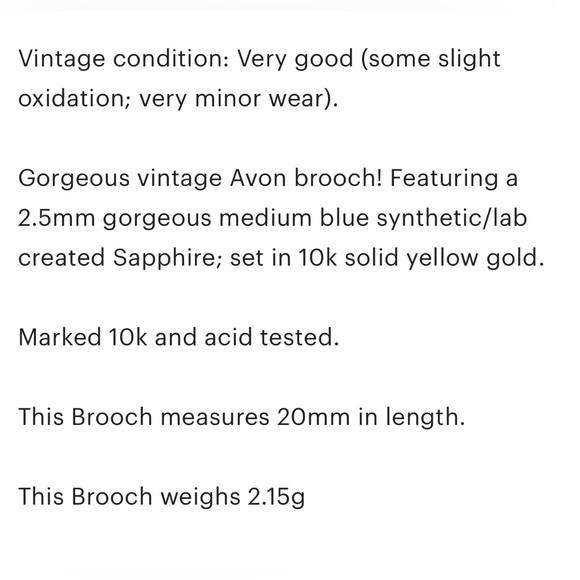 10k vintage Avon Lab Created Sapphire September blue birthday yellow gold brooch - Picture 10 of 10